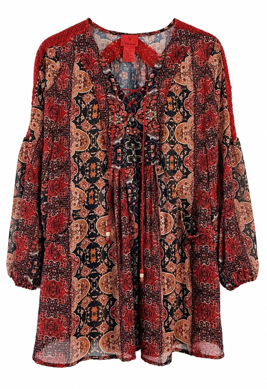 V Cristina M Boho Paisley Tunic Blouse Lace Crochet Lace Up Sheer
